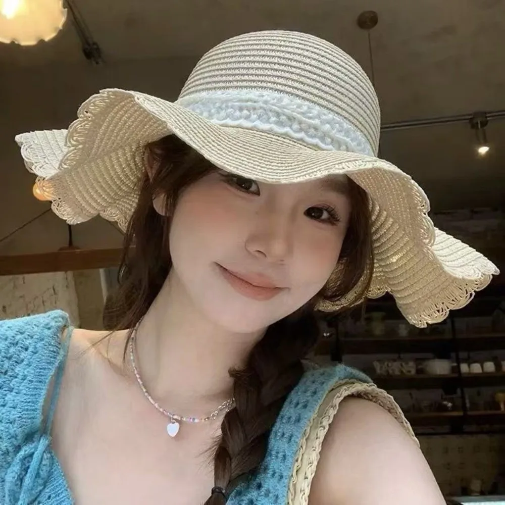 

New Lace Ruffle Summer Straw Hat Solid Color Bowknot Sun Protection Hat Wide Brim Woven Straw Bucket Hat Outdoor