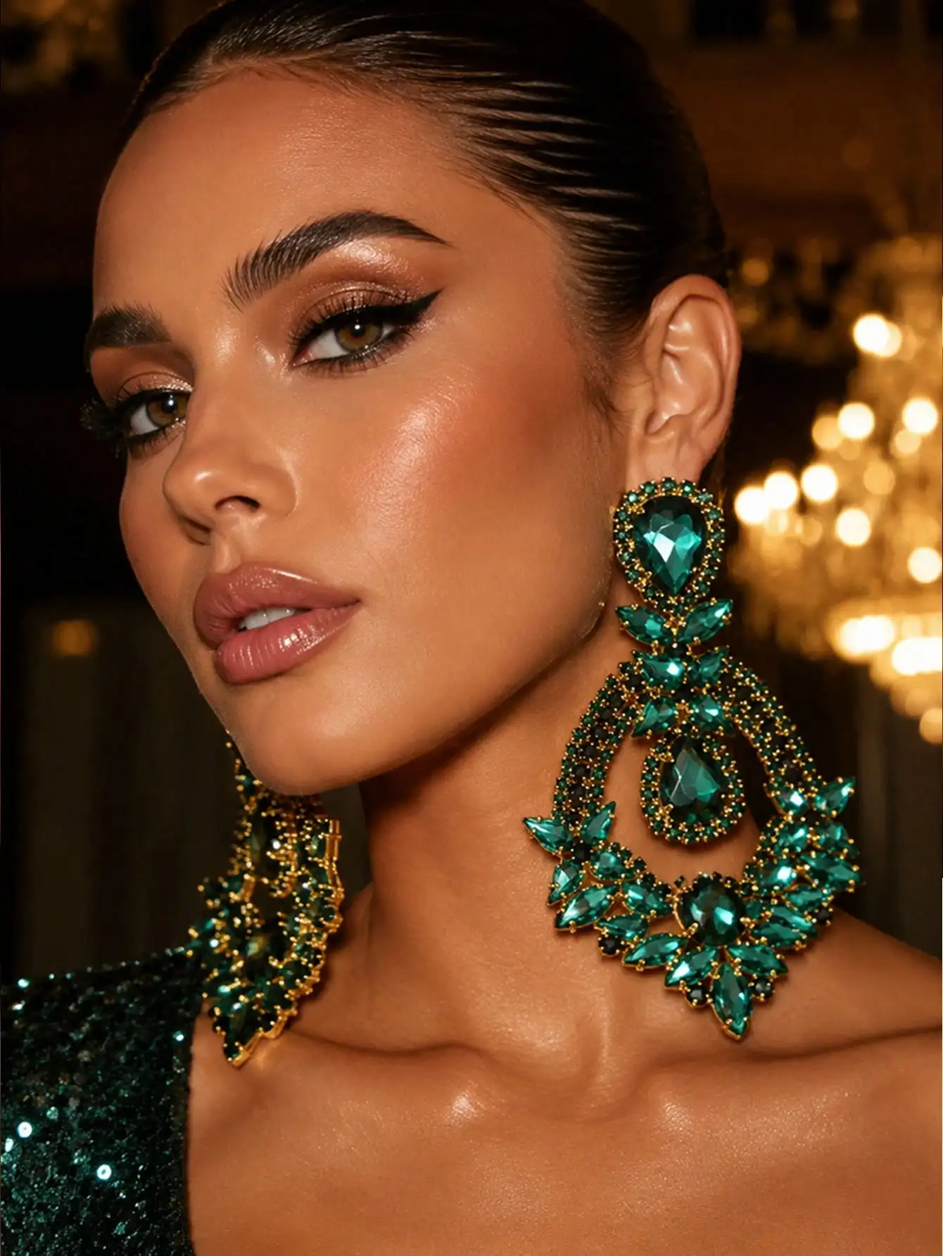 Damen-Ohrringe mit Smaragdgrünem Kristall, Goldfarbene Übergroße Strass-Tropfenohrringe, Glamouröser Statement-Schmuck für Herbstpartys – Detail 5