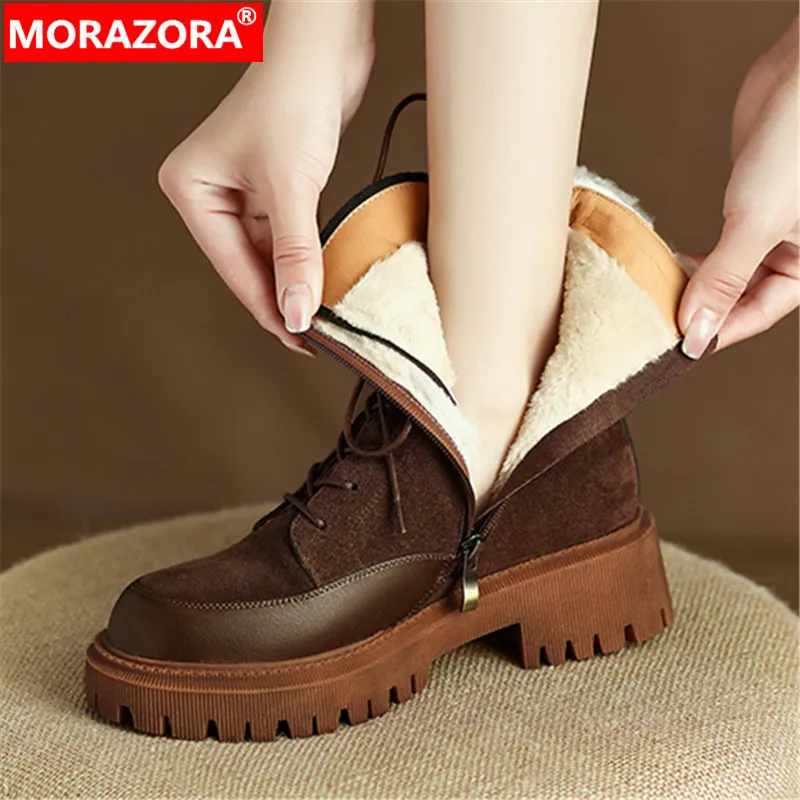 

MORAZORA 2024 New Narrow Band Cow Suede Winter Boots Woman Ladies Platform Ankle Boots Popular Thick Plush Snow Boots