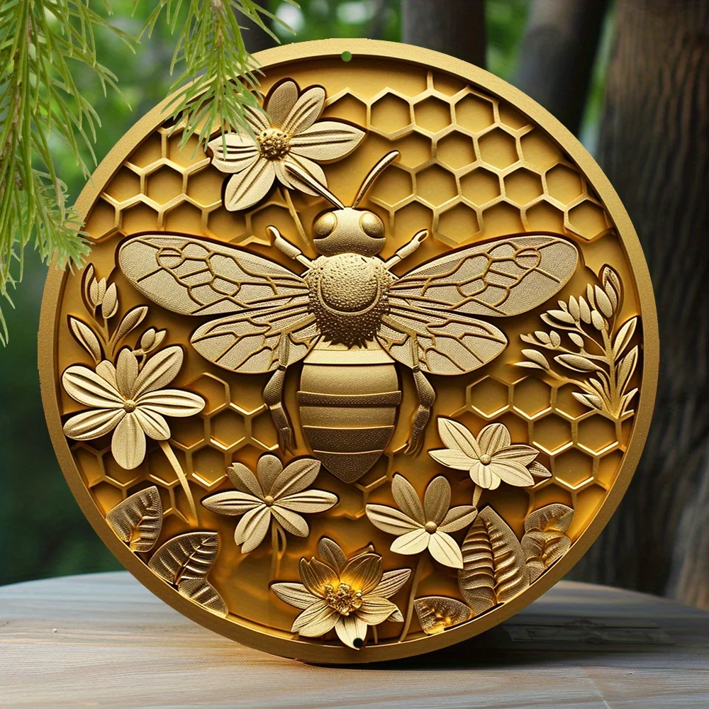 

Round Aluminum Sign, Faux Papercut Art Painting Wreath Decorative Apartment Decor Women Gift Bee And Honeycomb Theme Decoration