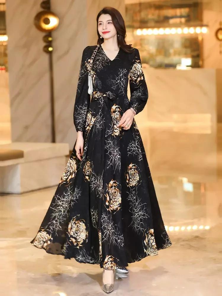 New Women Spring Summer Print Long Dress Fashion V-Neck Long Sleeve Slim Dress Elegant Flowing Holiday Overlength Dress