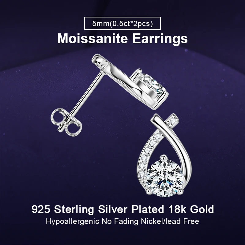 

IOGOU Certified Moissanite Diamond Stud Earrings 5mm 0.5carat D Color 925 Sterling Silver Fishtail Crosses Earrings for Girls