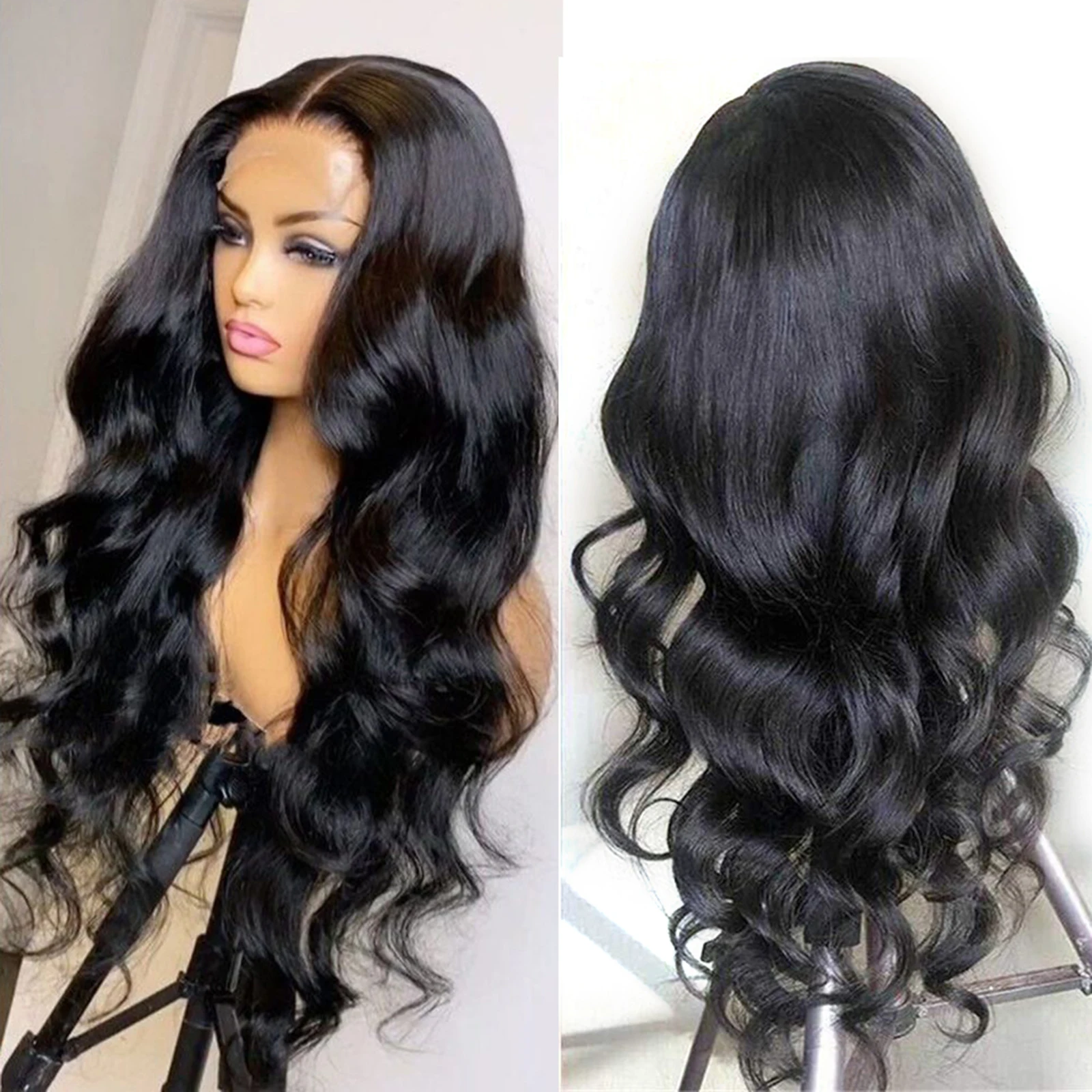 WIF-Perruque Lace Front Wig Synthétique Longue Noire 1B, Cheveux Ondulés au Milieu, Fibre Thermique, Utilisation du Maquillage, pour Femme