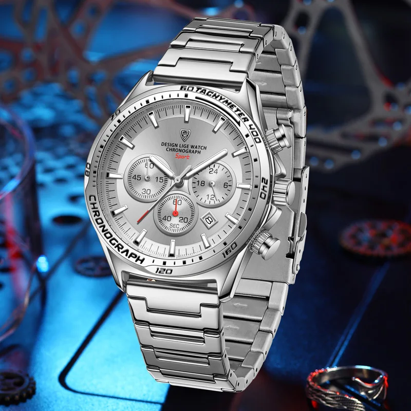 LIGE Luxury Man Wristwatch Waterproof Luminous Chronograph Watch for Men Stainless Steel Men\'s Quartz Watches Reloj Hombre+Box