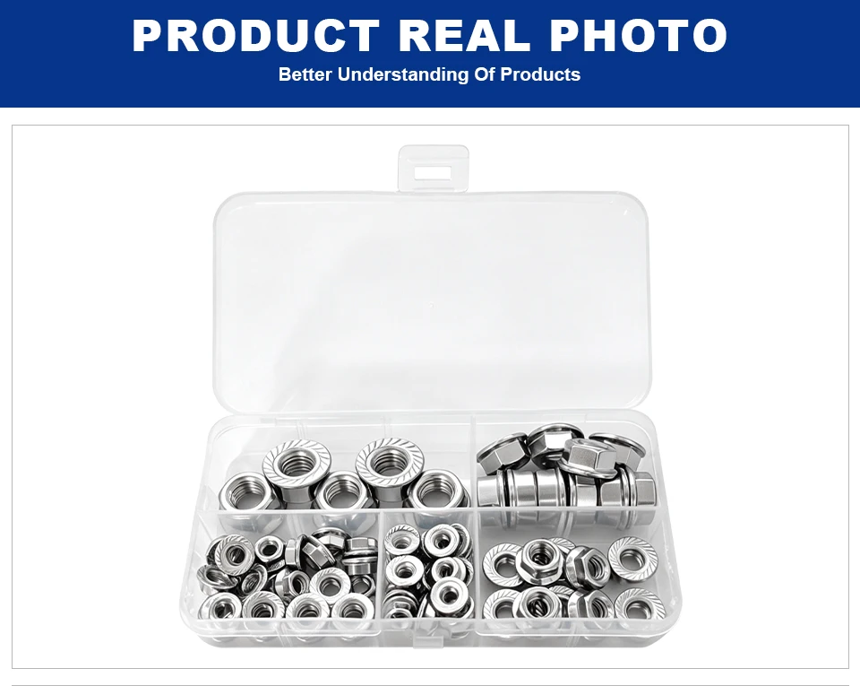 DIN6923 Sechskant-Flanschmutter mit Zähnen SUS304 A2-70 INOX Edelstahl Metrischer Sicherungskragen Befestigungselement Verpackt in Box M3 M4 M5 M6 M8 M10 M12 – Detail 8