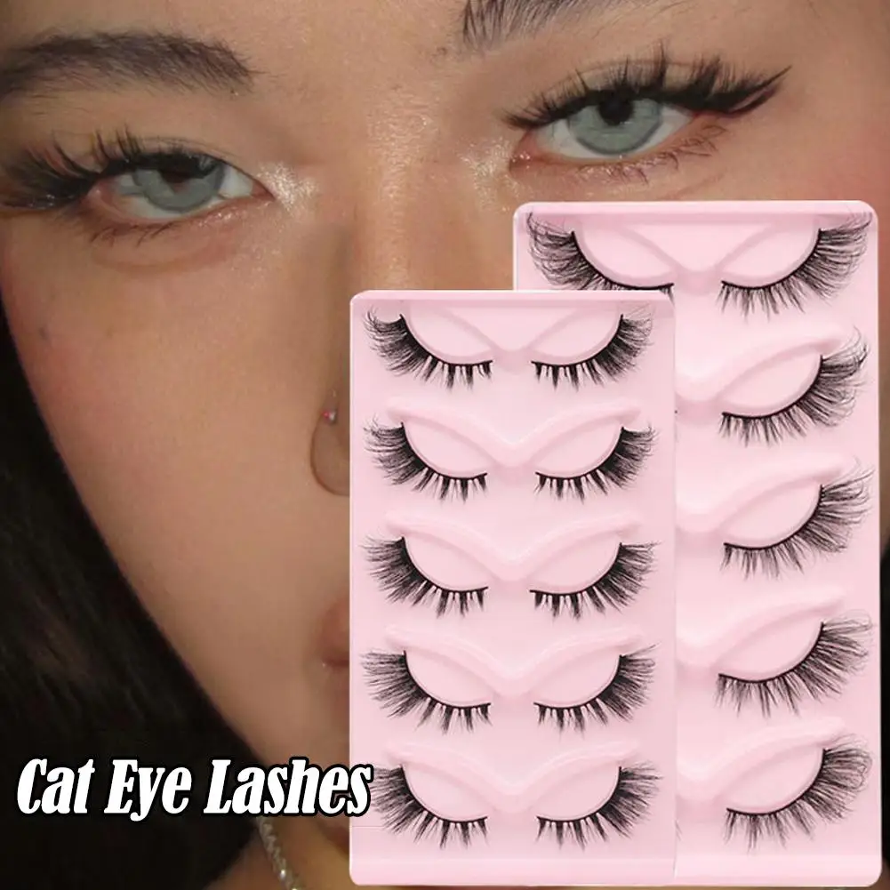 5 Pairs Cat Eye False Eyelashes Artificial Mink Eyelashes Stem Long Natural Tail Black Eye Thick Comic Eyelash Lengthening U7T9