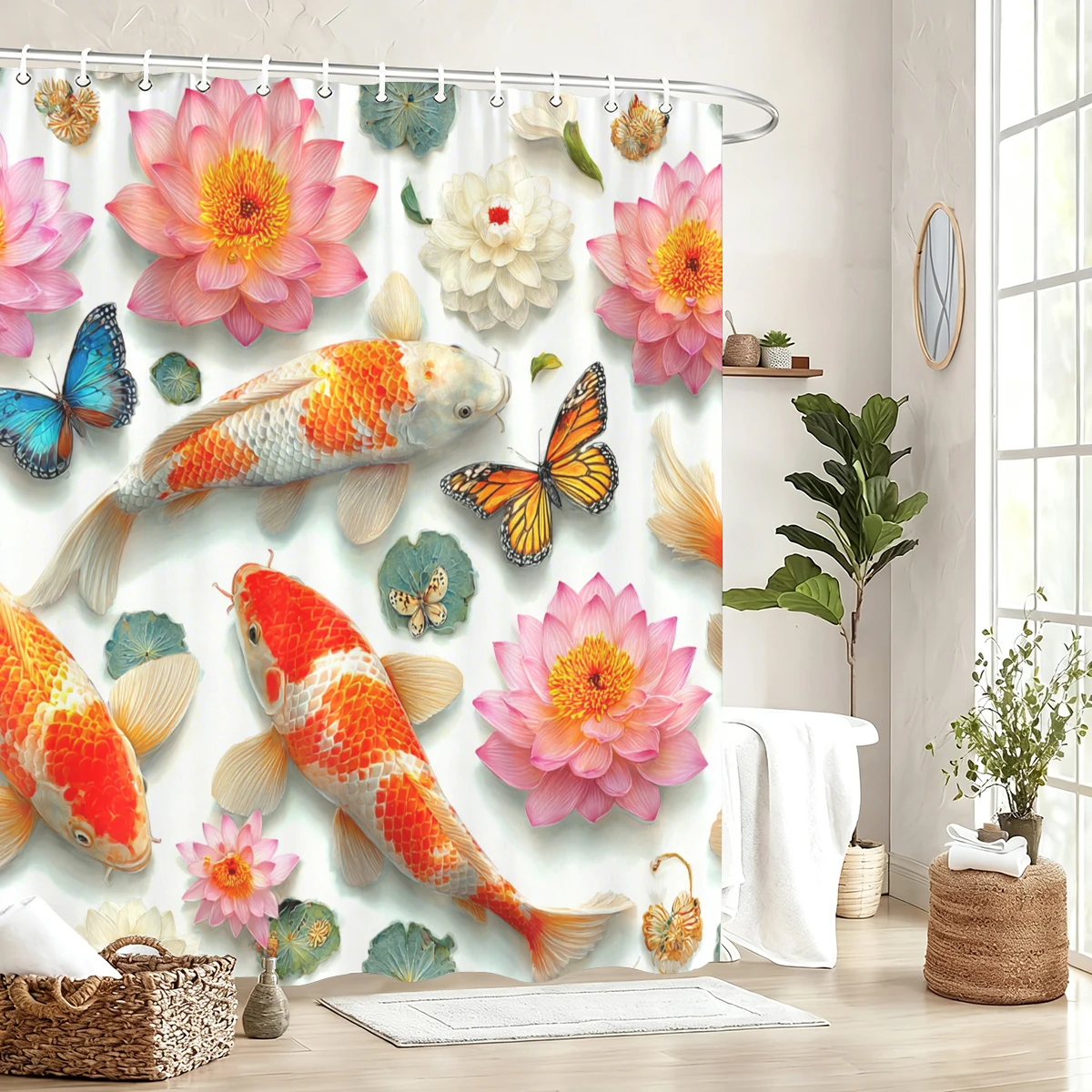 Cortina de Chuveiro de Poliéster com Tema Natureza Vívida e Peixes Koi - Cortina de Banho com Estampa Artística para Decoração de Banheiro