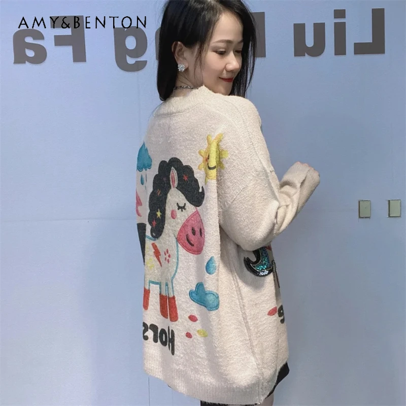 

American Style Women's Fashion Winter New Heavy Sequin Waterproof Mink Knit Sweater Y2k Long Sleeves Crew Neck Cartoon Knitwear