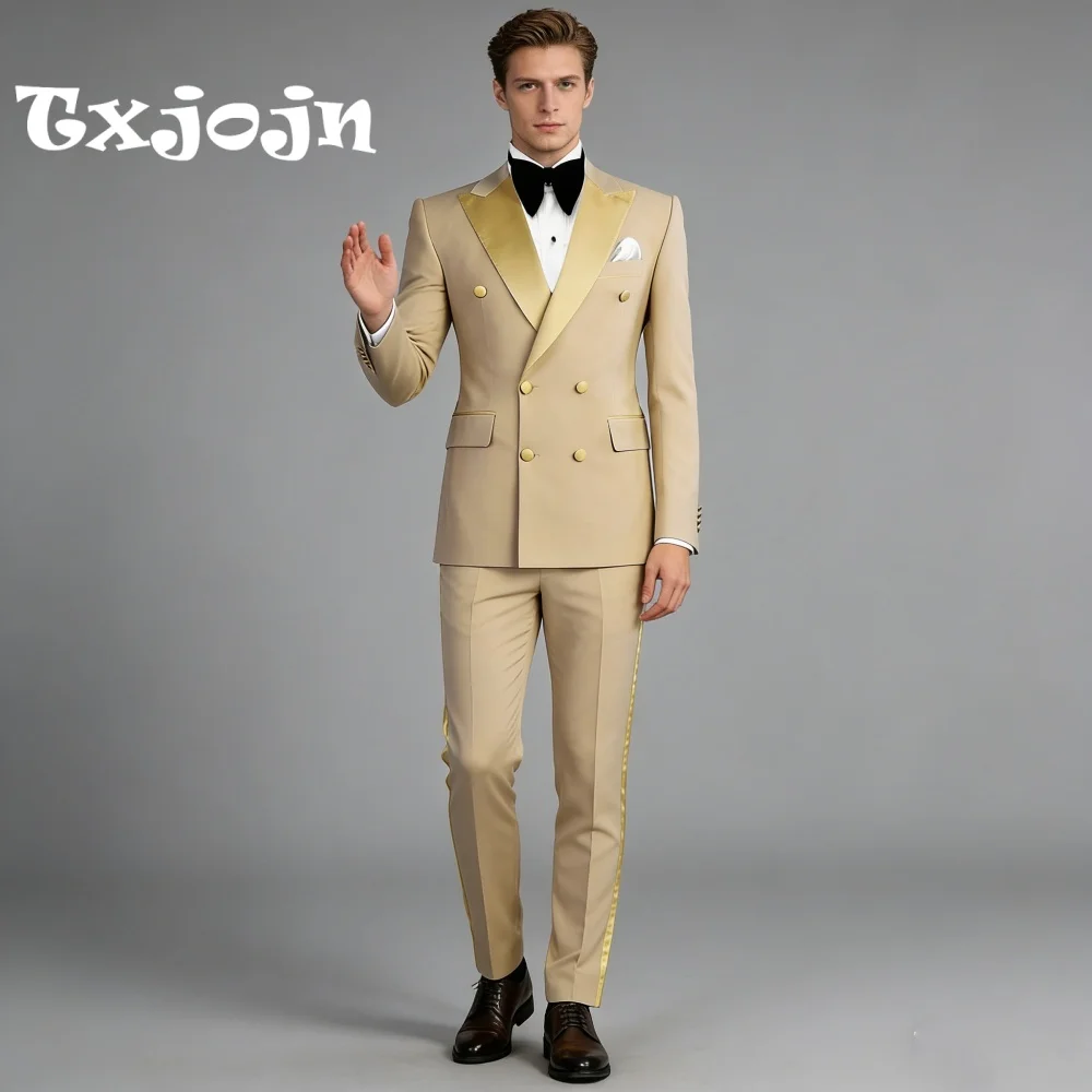 

Luxury Beige Gold Shawl Lapel For Men Wedding 2026 Formal Double Breasted Suit Groom Suit Set Includes Jacket Pants Customized