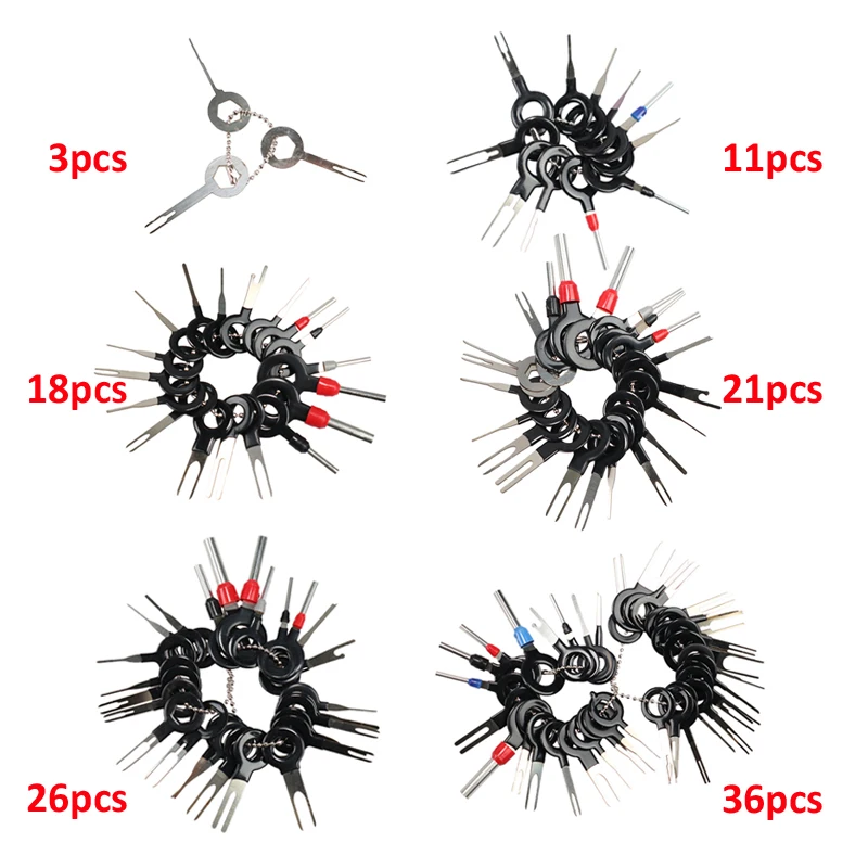 Herramientas de reparación de extracción de terminales de coche, Kit de Extractor de pines de conector de engarzado de cableado eléctrico, llaves,