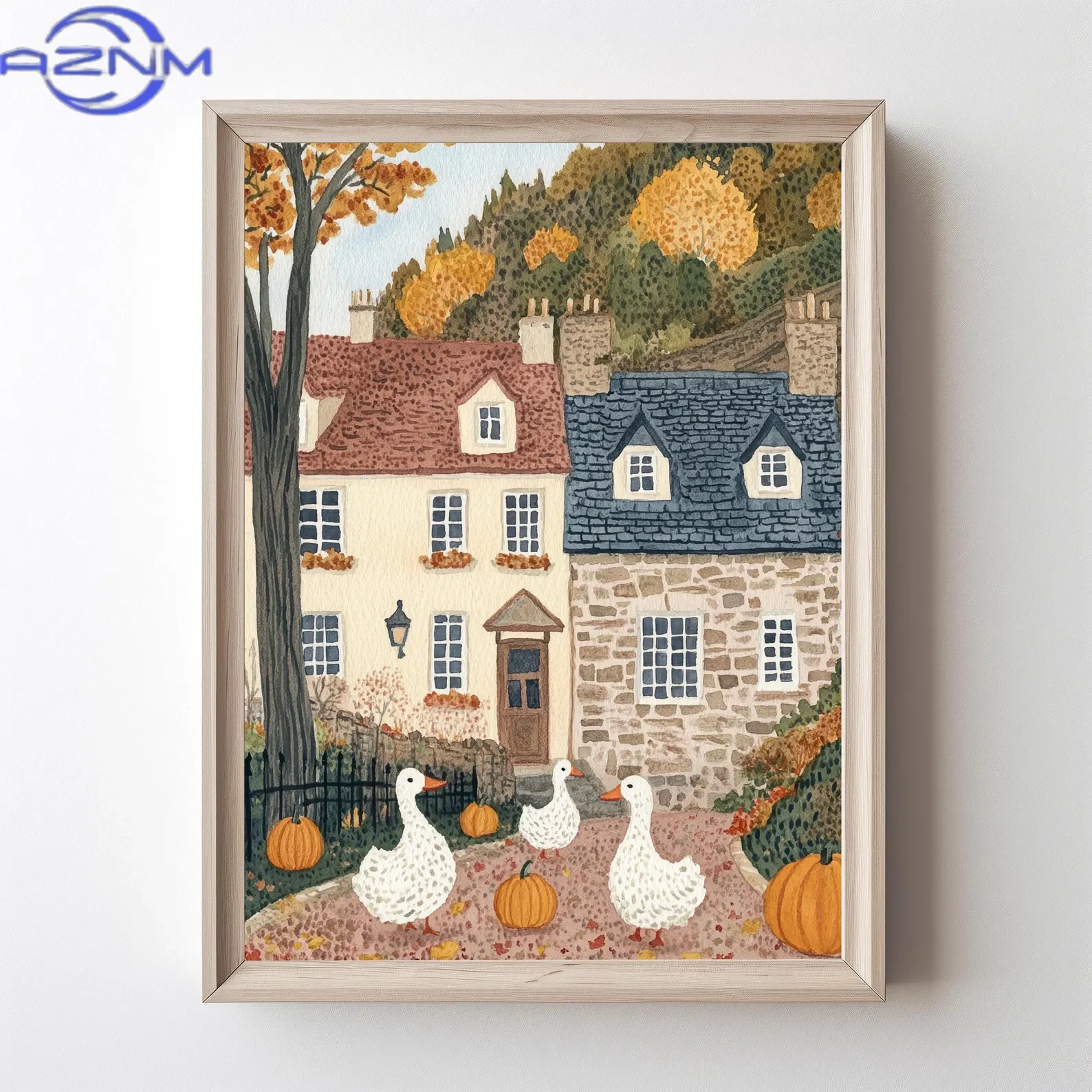 AZNM Autumn Village Print Farmhouse Decor Wall Art Duck with Pumpkin Digital Download Fall Pumpkin Printable Cozy Fall Print Rus