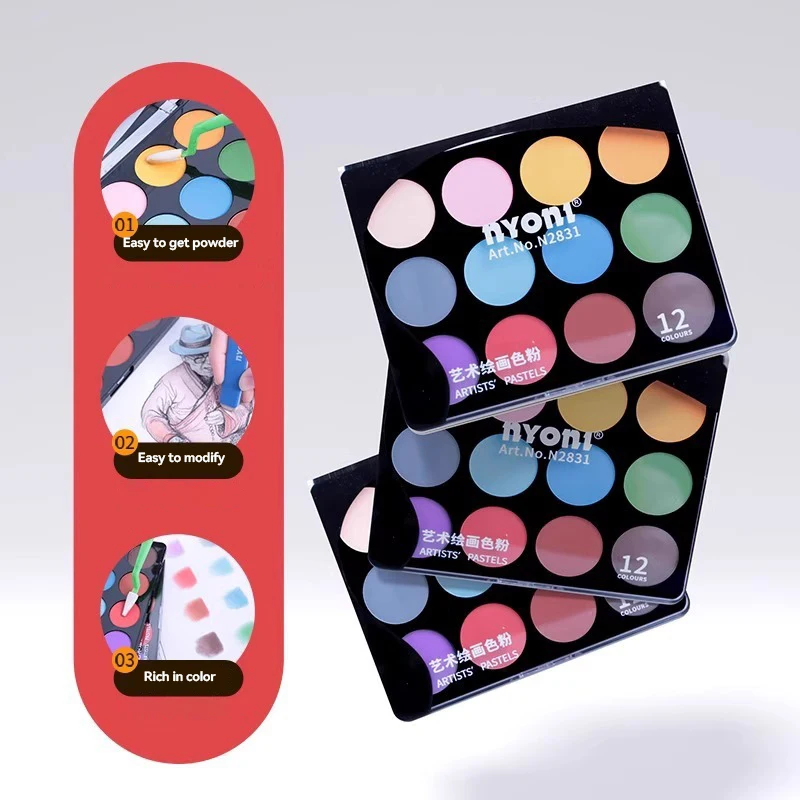 NYONI 12Colors Ultra Soft Artist Pastel Graphite Charcoal Drawing Color Sketching Powders Blendable Finest Pigment Mixed Media