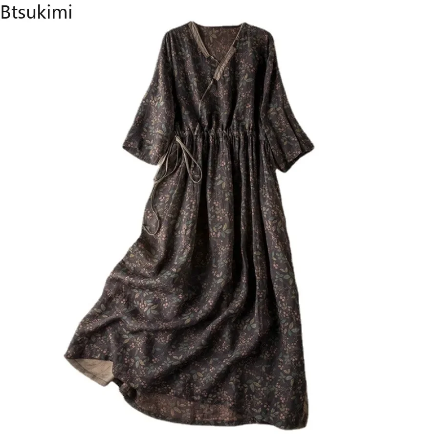 Neue 2025, frauen Baumwolle Leinen Kleid Mode V-ausschnitt Blumen Druck Vintage Spitze-up A-Line Lange Kleider Frauen Kimono robe Vestidos