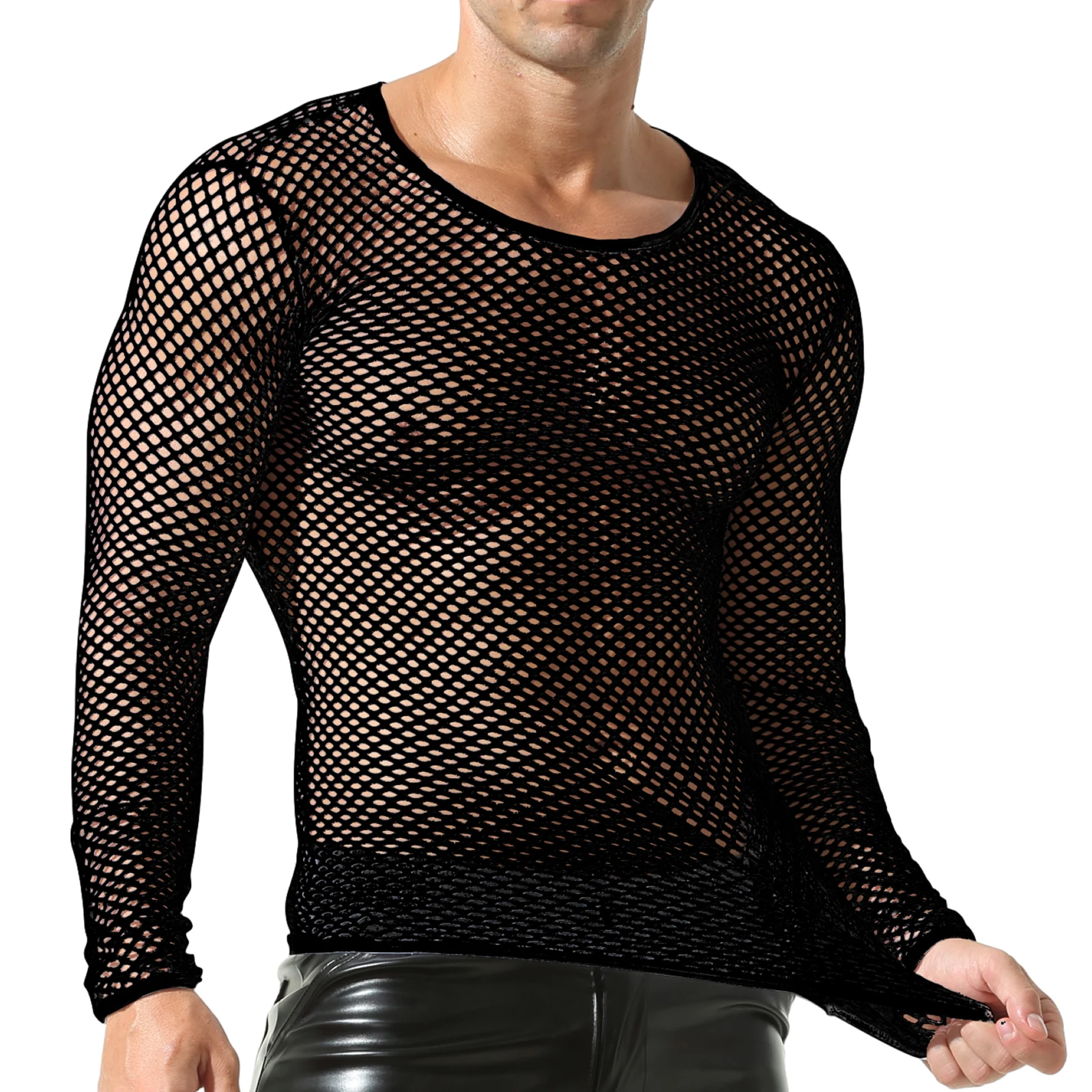 

Men's Sexy Fishnet Mesh Long-Sleeved Tops Daily Casual Transparent Muscle T-shirts Hollow Out Sports Nightclub Undershirts Tees