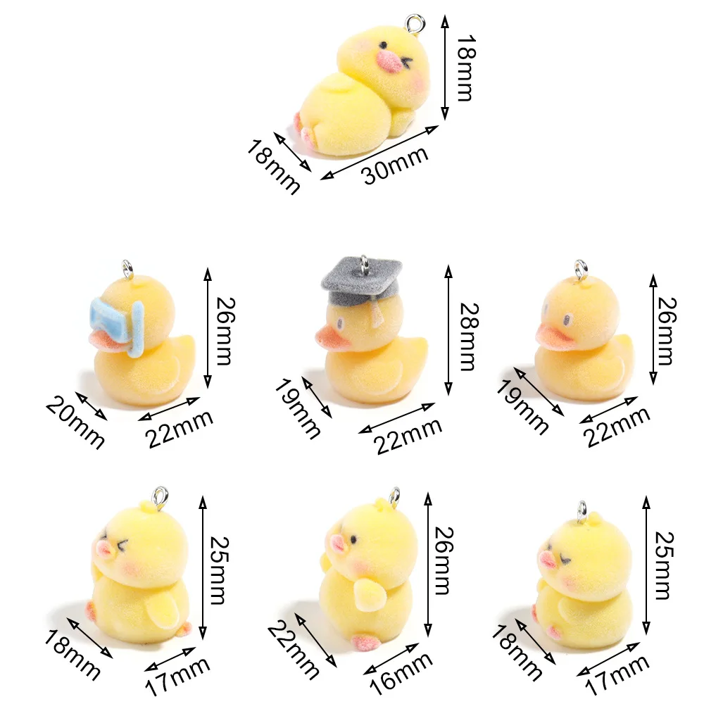 20Pcs 3D Flocking Cute Duck Charms Cartoon Animal Plush Resin Pendent Phone Keychain Necklace Earring Bag DlY Jewelry Make