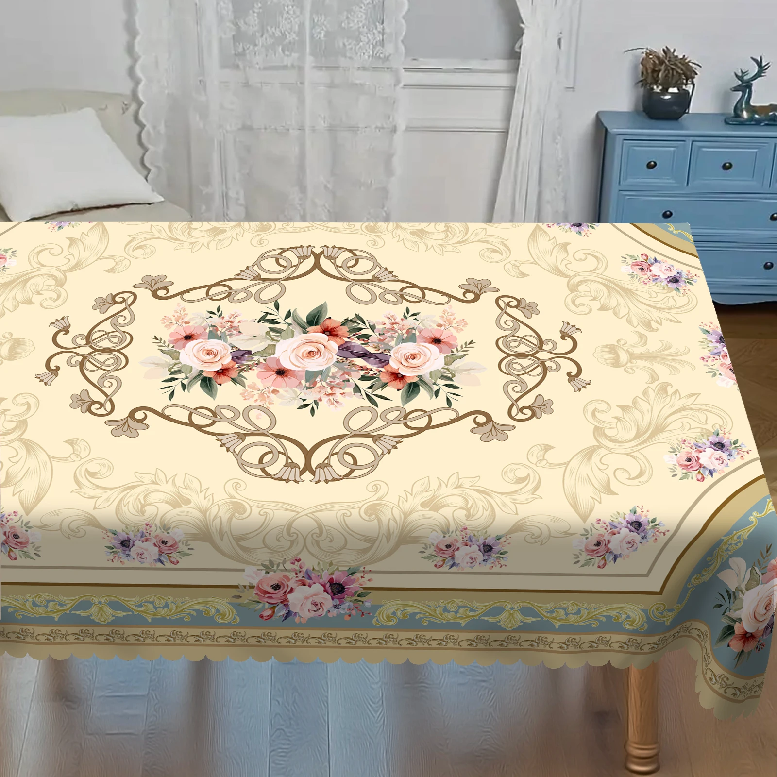 

1 Piece of Elegant Floral Pattern Tablecloth + 4Pcs Self-Adhesive, American/European Retro Tablecloth, Kitchen Accessories Round Tablecloth, Holiday Party Decoration Rectangular Tablecloth, Outdoor Decoration Picnic Camping Polyester Tablecloth, Edge Embo