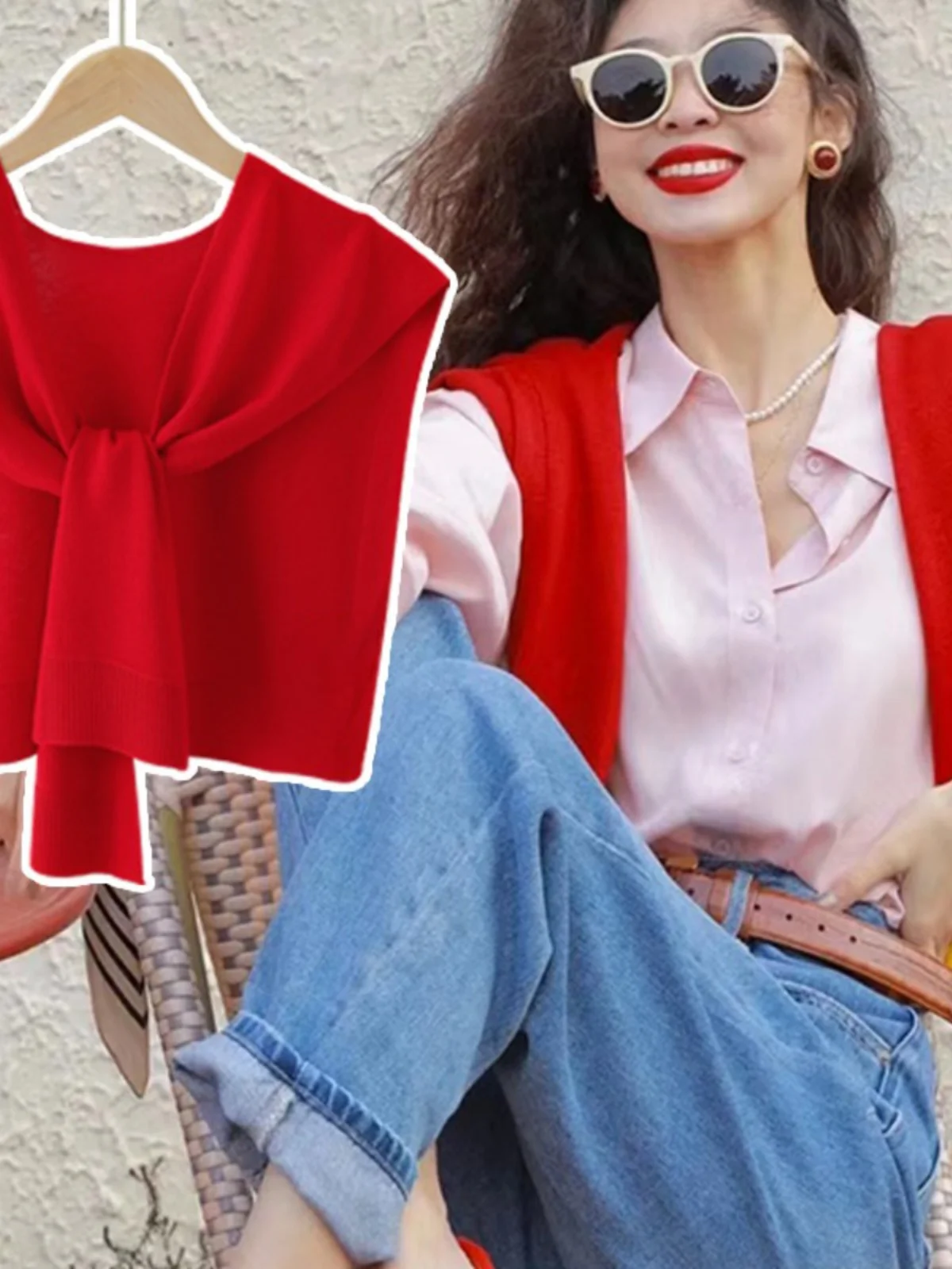 Trendy Knitted Scarf Women's Outerwear Shoulder Wrap Neck Warmer Red Color Spring Autumn Winter Fashionable Sweater Shirt Acc...