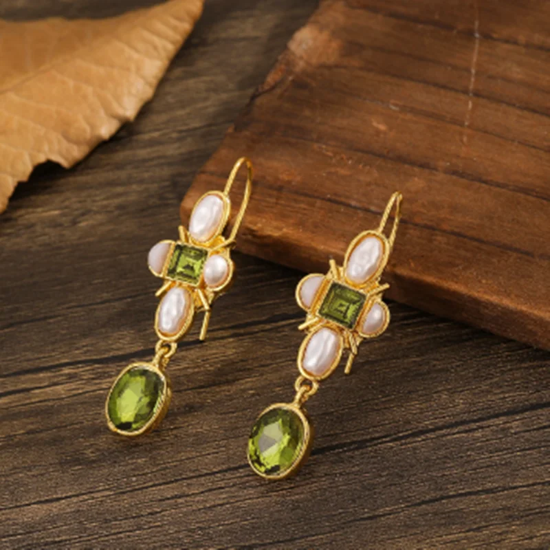 KSRA Vintage Geometry Personal Green Crystal Inlaid Pearl Earrings For Women Exquisite Birthday Party Earrings