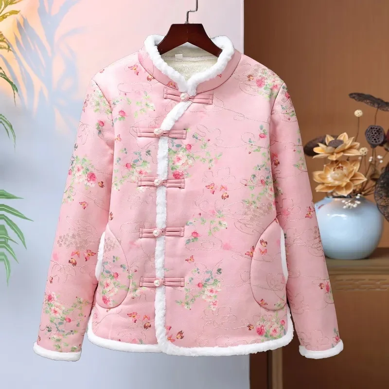 

2024 Autumn Winter New Cheongsam Cotton-padded Jacket Add Velvet Padded Warm Retro Woman Cotton-padded Coat Buckle Cotton Coats