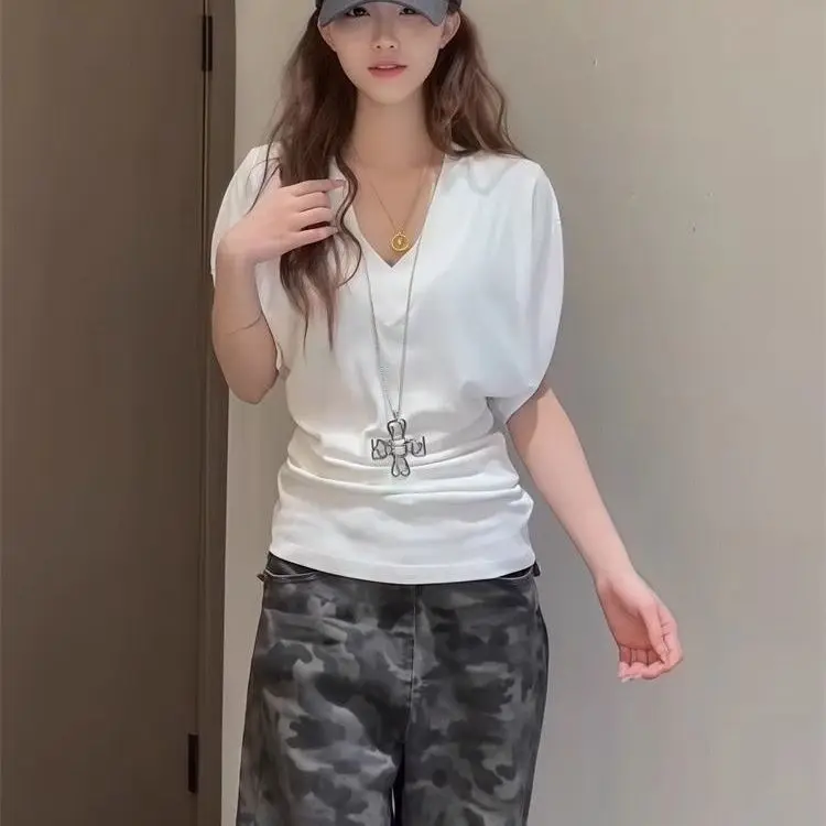 Women Short Sleeve Shirt Solid Color Dopamine Premium White Simple Oversized Bat Sleeve Top