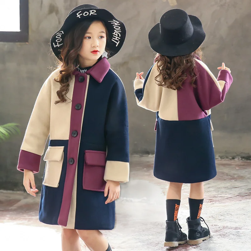 Girls Patchwork Woolen Coats Autumn Winter Thick Warm Trench Jackets 4-12Yrs Children Clothes Big Kids Fashion Parka Outerwear