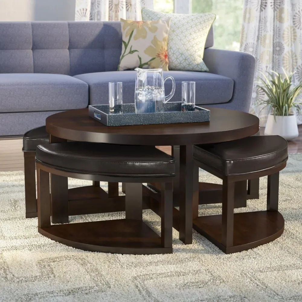 Coffee Table Set, Round Tables with 4 Upholstered Nesting Stools, Space-Saving Design, 5-Piece Coffee Table Set