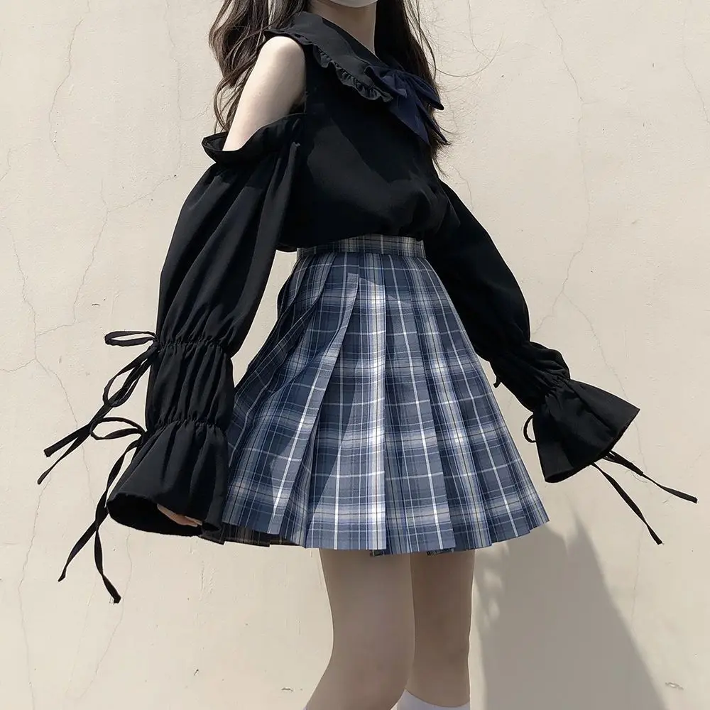 Sweet Peter Pan Collar Off Shoulder Lantern Sleeve Top Pleated Skirt School Uniform for Women Summer Cute Jk Suit Plus Size 2XL