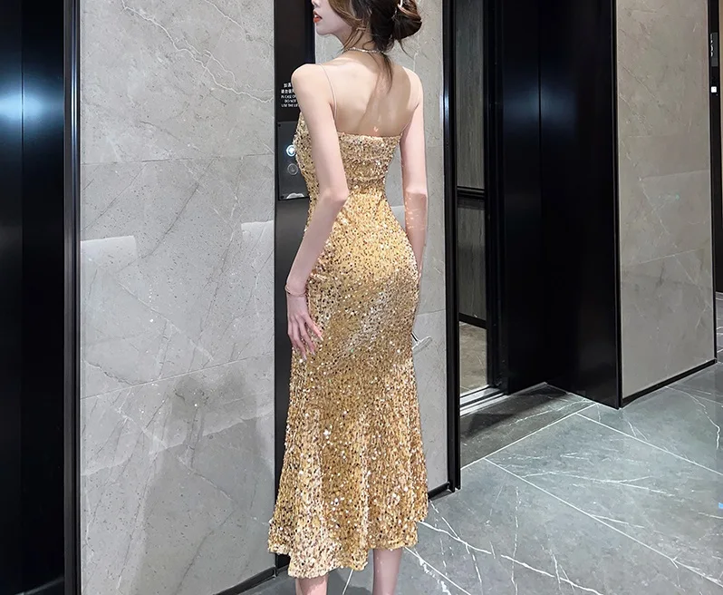 Real Time Celebrity Style Dress Sparkling Velvet Sequins Sexy V-Neck Evening Dress Strap Dress Long Fishtail Dress