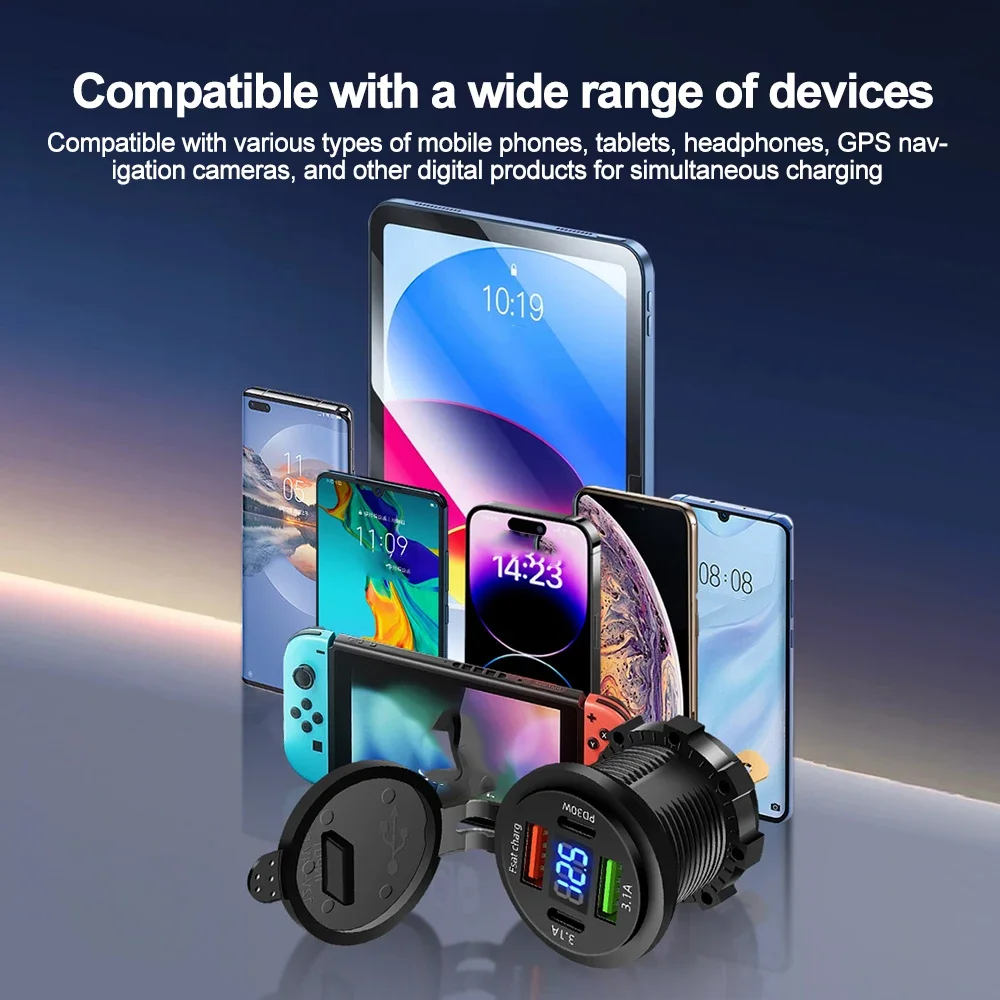 83 واط دراجة نارية مقبس شاحن السيارة PD30W شحن سريع 22.5 واط المزدوج USB نوع C منفذ الهاتف محول الطاقة مع الفولتميتر مقاوم للماء #6