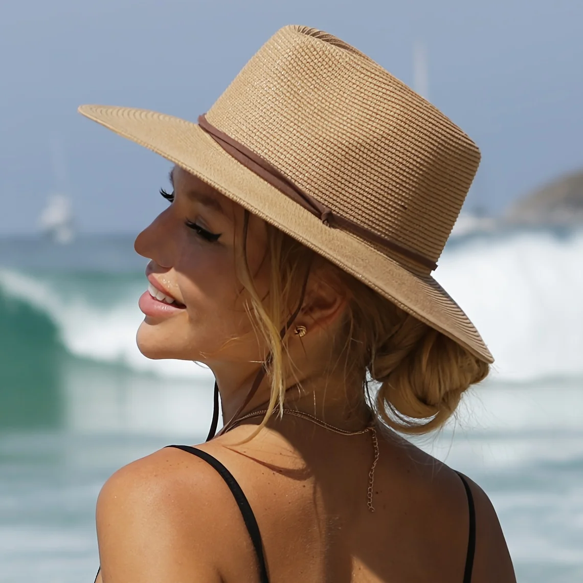 Sommer Strohhut mit breiter Krempe, Panama, Damen, Outdoor, Strand, Sonnenhut, modischer Sonnenschutz, Strohkappe mit Wind-Lanyard