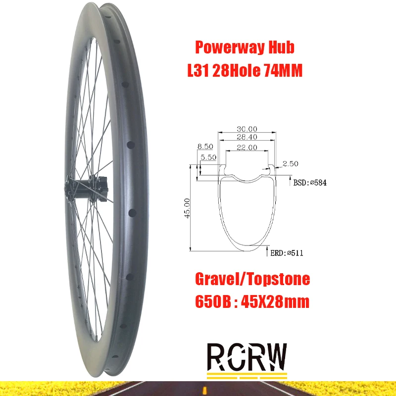 

650B/27.5er Gravel Road 45x28mm Front Wheel Carbon Rim Topstone 28H Deep 45 Wide 28 Powerway L31 Lefty 6 Bolts Hub Straight Pull