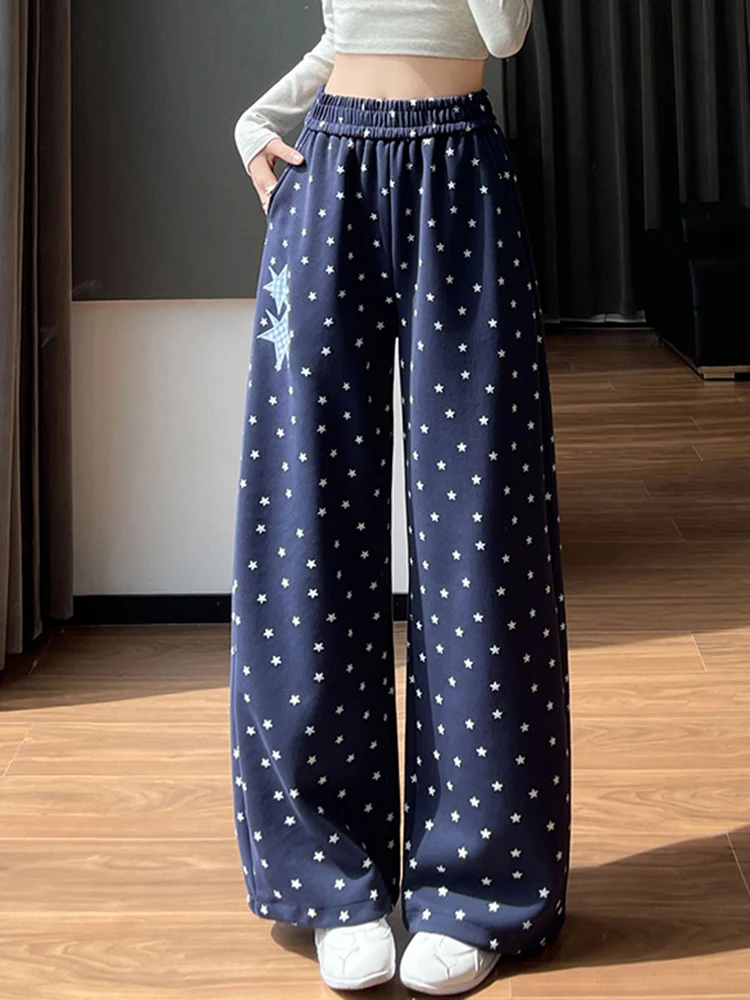 American Dot Stars Pants Women Loose Vintage Sweet High Waist Casual Trousers Fall Retro Preppy Style All Match Wide Leg Pant