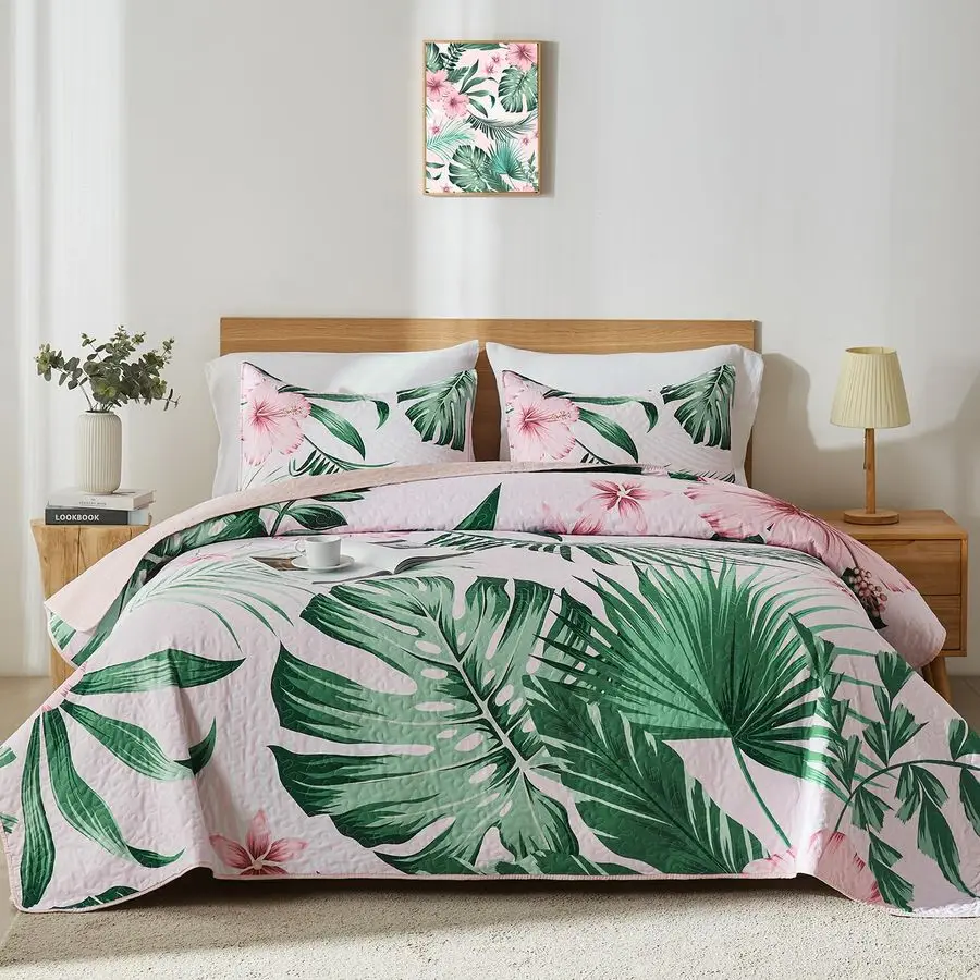 

Комплект постельного белья King Quilt, зеленый комплект с ботаническим узором, легкое летнее покрывало-плед из 3 предметов для кроватей King и Cal King