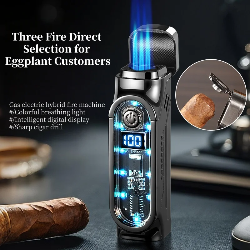 Metal Colored Light Three Flame Direct Gas Lighter With Cigar Cutter Type-c Charging Intelligent Digital Display High-EndLighter