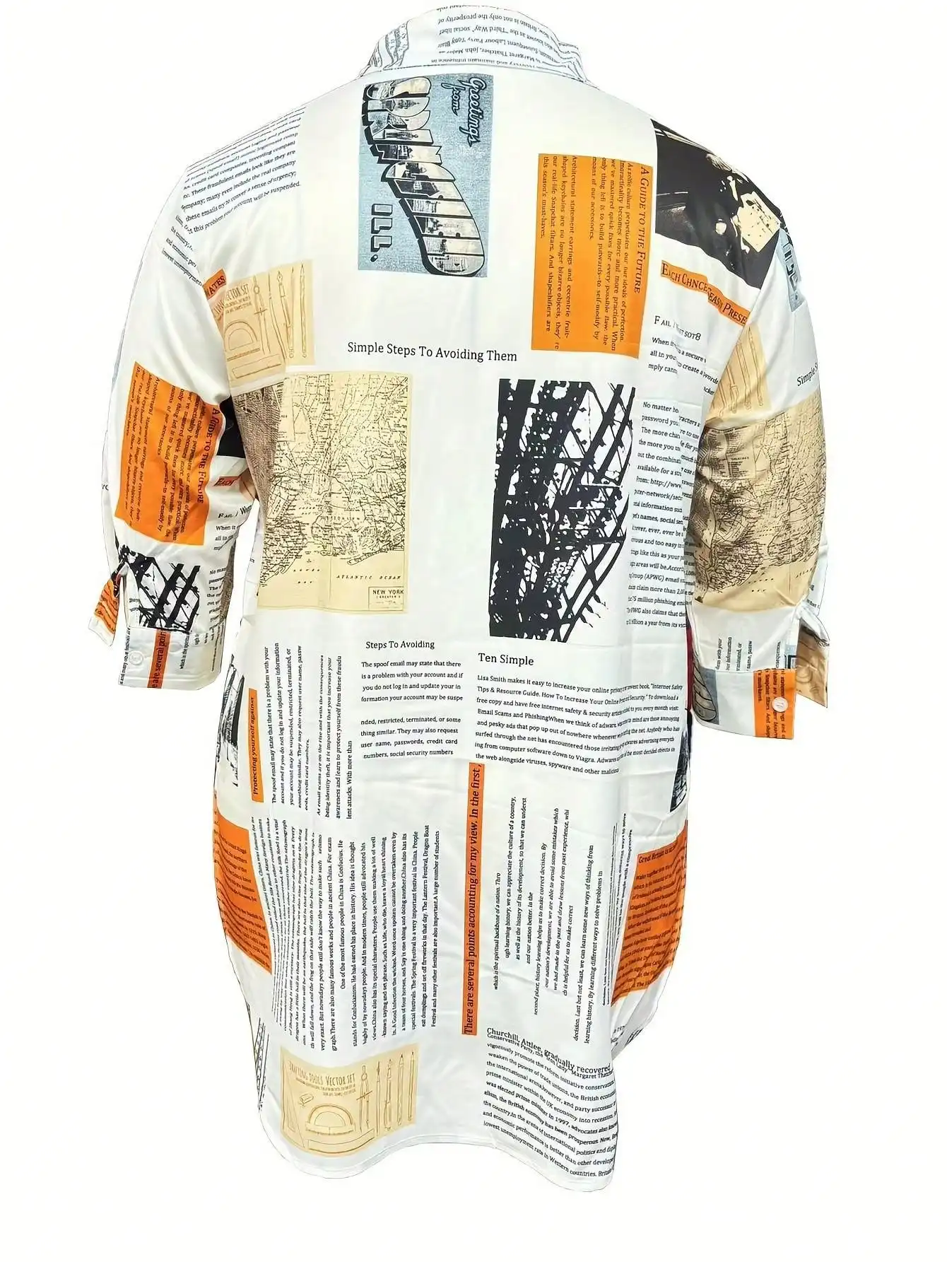 Übergrößen Damen Hemdbluse mit Zeitungsdruck, Knopfleiste und Schlitz am Saum, Locker Sitzende Freizeitbluse