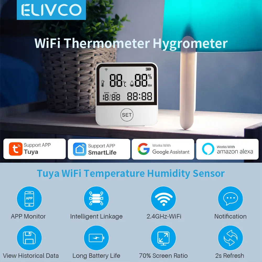 Tuya WiFi Smart Temperature And Humidity Sensor Thermometer Hygrometer Indoor With LED Screen Display Support Alexa Google Home