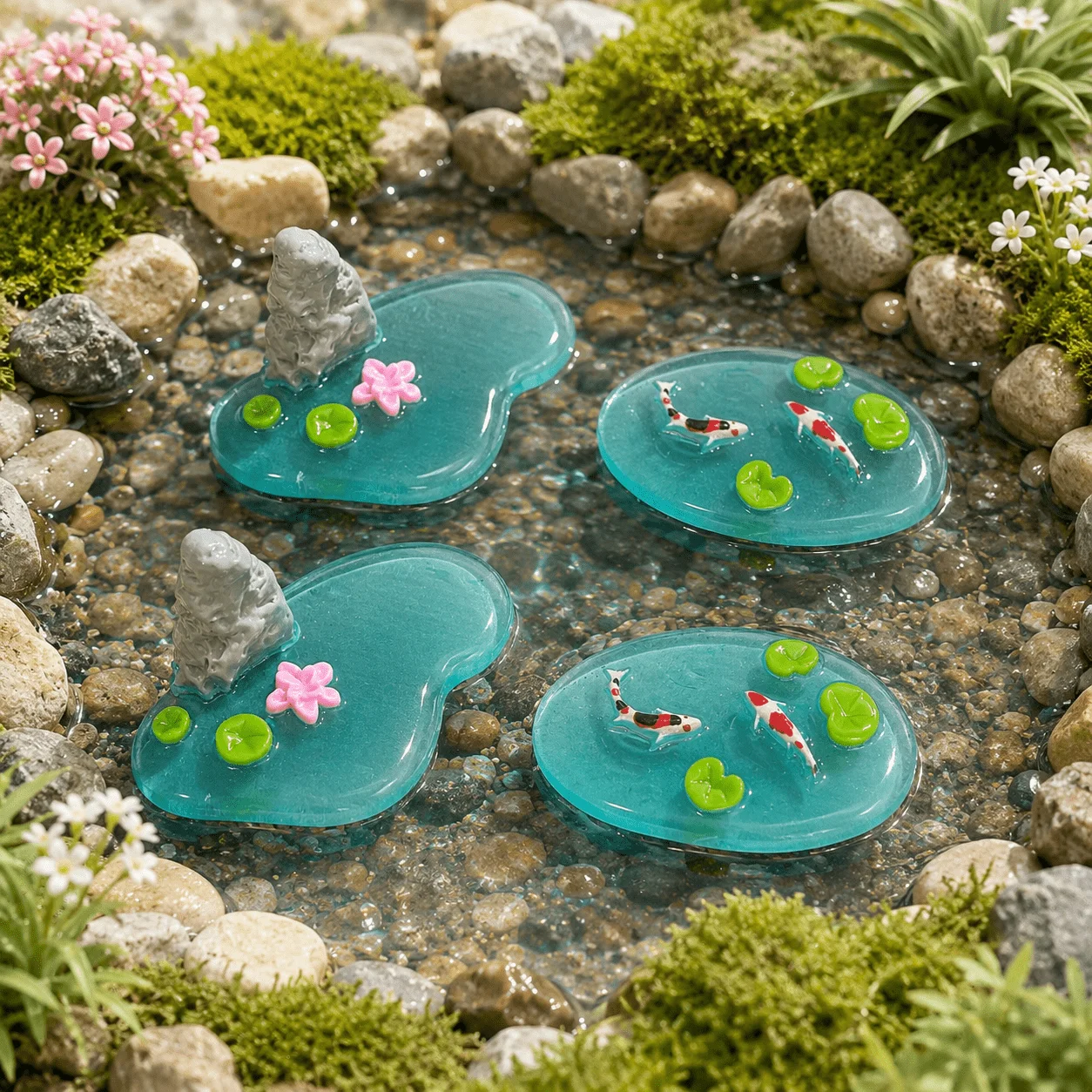4PCS Miniature Resin Pond Set, Mini Pond & Water Garden Accessories for Minihouse, Fairy Garden, DIY Mini Landscape
