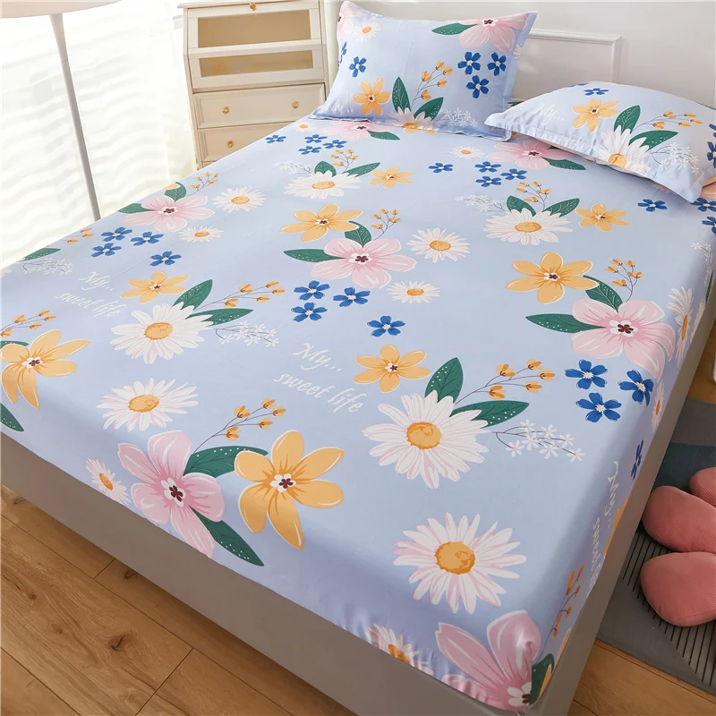 Cartoon Flower Printed Fitted Sheet with Elastic Band 100% Cotton with 2 Pillowcase Children Adult Kids Soft Bed Mattress Cover