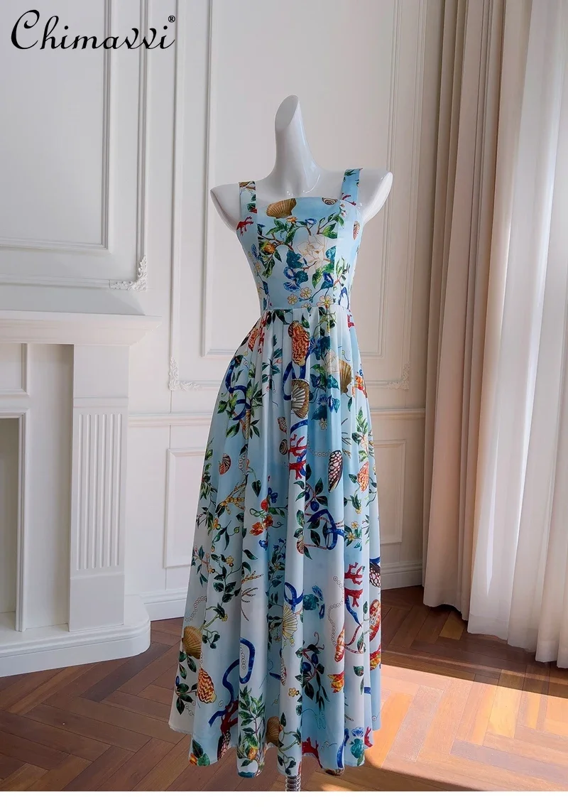 French Elegant Gentle Blue Printed Sleeveless Square Neck Backless High Waist A-line Pleated Socialite Vacation Long Dress Women