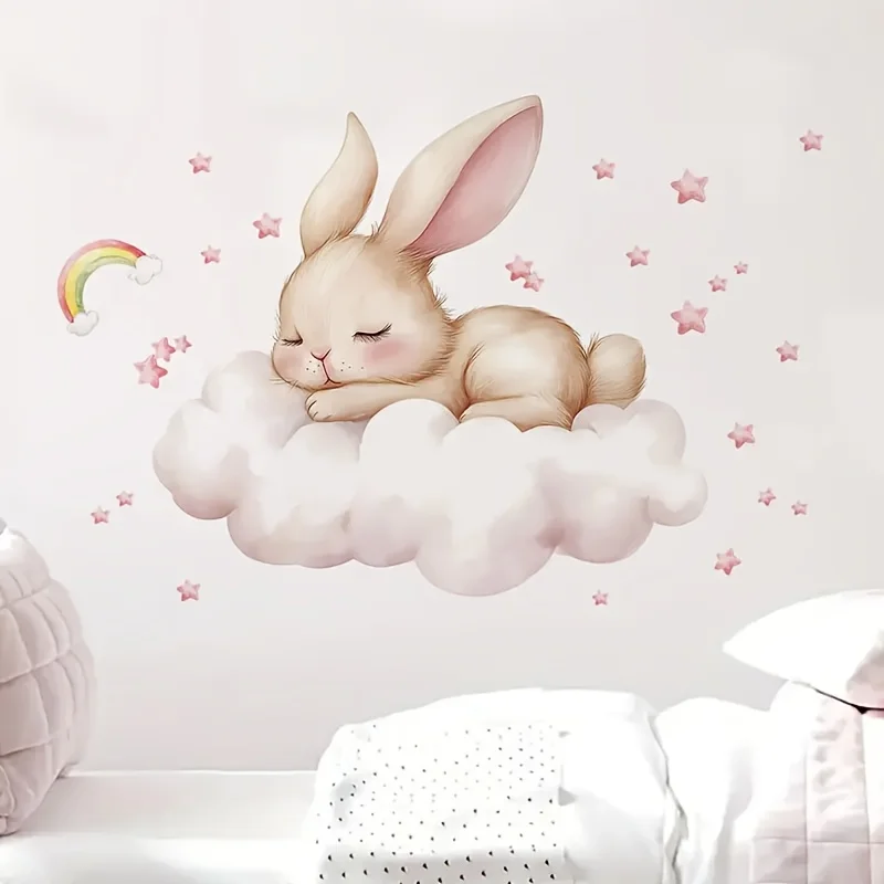 1 Modern Watercolor Sleeping Rabbit Wall Sticker, Suitable for Bedroom and Living Room, Self-Adhesive Glass Surface, Pink Room Home Decor