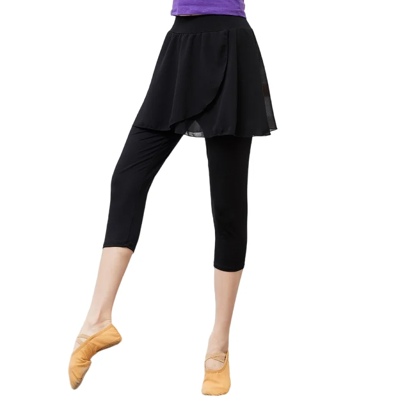 Women Dance Leggings Chiffon Skirt Pant One Piece Capri Culottes Dancer Daily Training Basic Wear Flowy Tights for Ballroom BLK