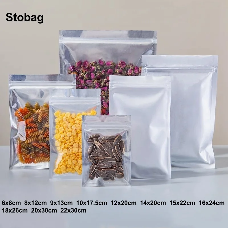 

StoBag 100 шт., прозрачная алюминиевая фольга, сумка для упаковки пищевых продуктов, сумка на молнии с плоским дном, маленькая для хранения конфет, чая, орехов, многоразовые пакеты