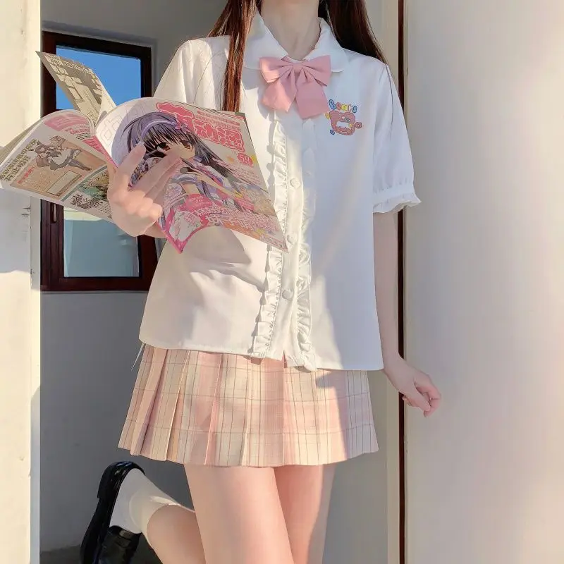 Japanische Cartoon Bär Stickerei Bluse süße y2k ästhetische gekräuselte Blusas niedlichen Kawaii drehen Kragen Hemden Frauen 2024 Sommer