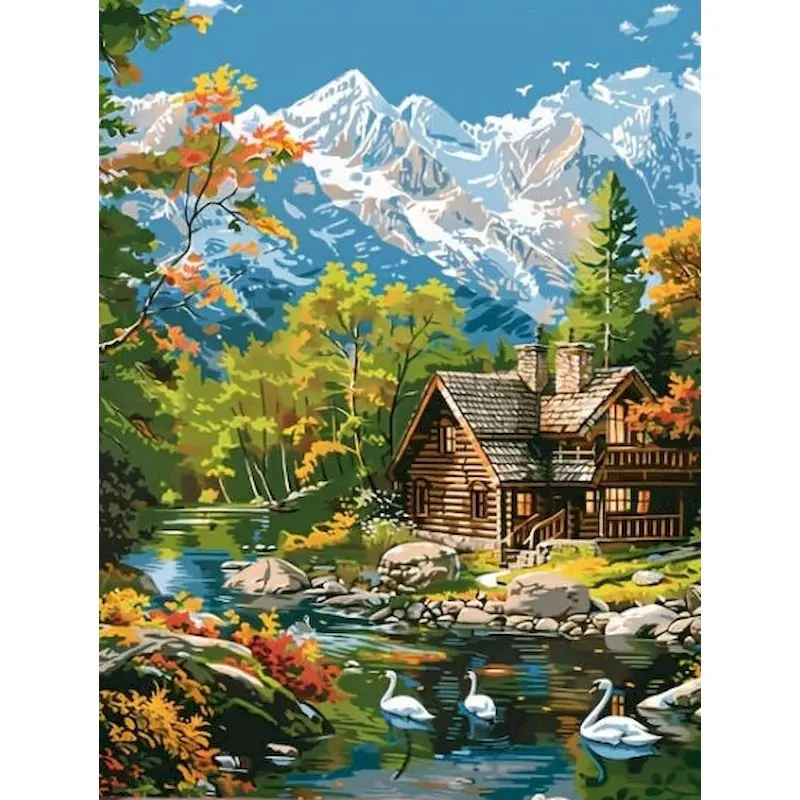 

GATYZTORY Painting By Number Cabin River Kits For Adults Handpainted DIY Frame Picture By Number Autumn Scenery Home Decoration