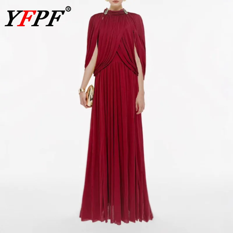 

YFPF Elegant Folds Long Party Dress For Women Stand Collar Solid Color High Waist Temperament Dresses Fashion 2026 New Clothing