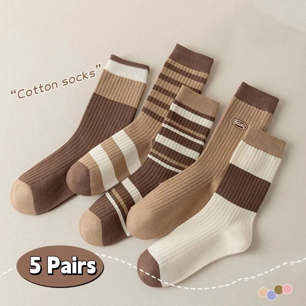 5Pairs College Style Retro Women's Cotton Socks Breathable Thin Stripe Tube Socks Soft Hosiery Mid-calf Socks Keeping Warm