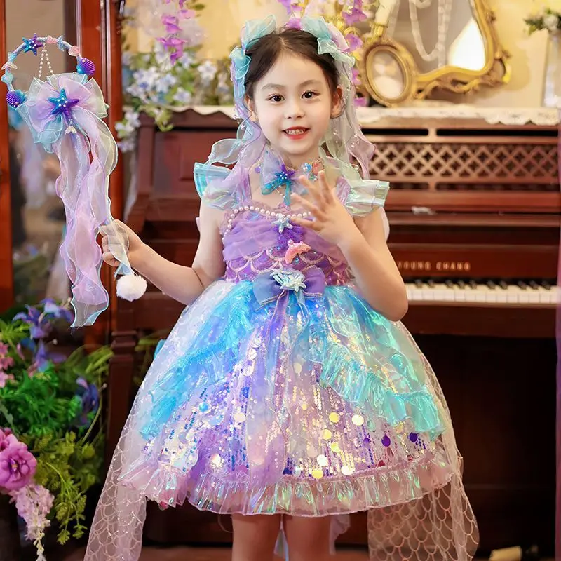 Baby Girls Summer Sweet Lolita Shiny Lace Bow Princess Ball Gown Mermaid Cake Layed Backless Sundress Birthday Party Clothes