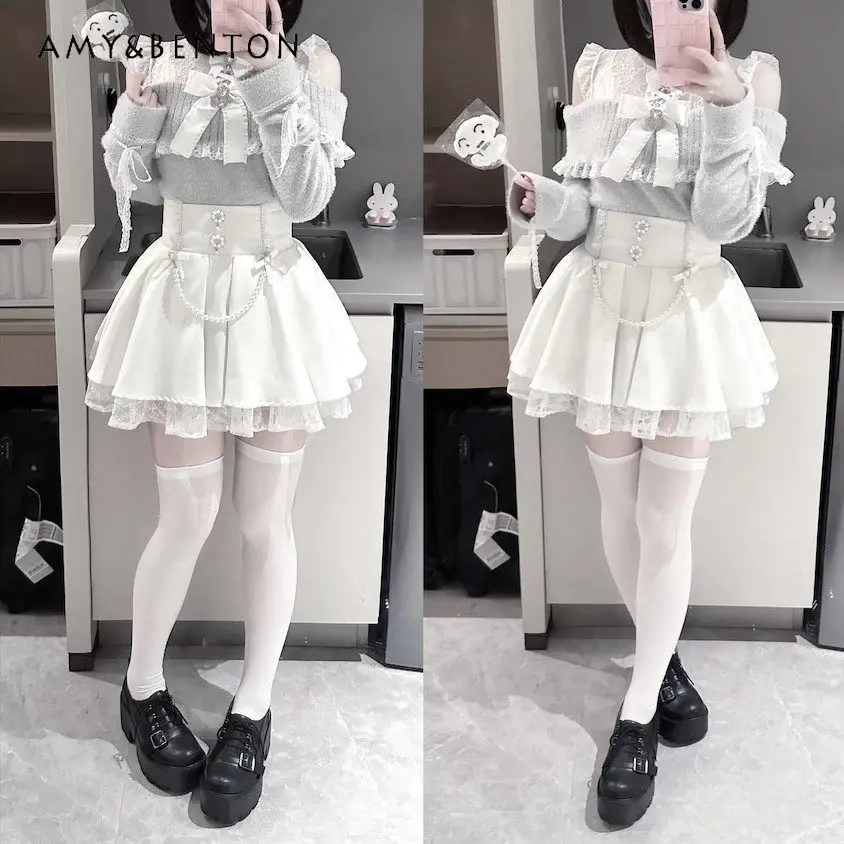 

Japanese Mine Series Lizlisa Skirt Sets Sweet Cute Ribbon Bow Knitted Long-sleeve Top Cake Skirt Elegant Two-piece Set Women