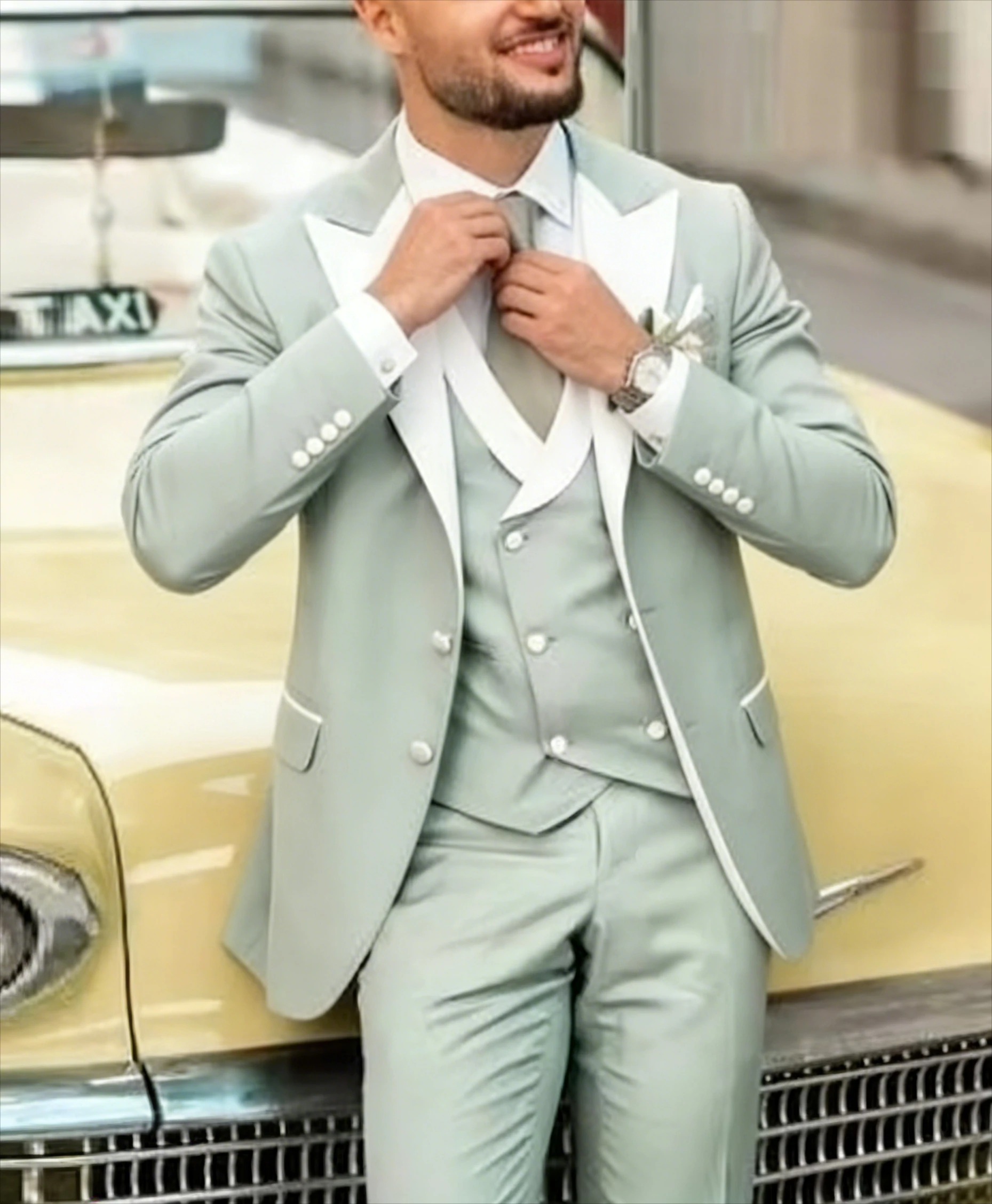 

White Collar Mint Green Men Suit Wedding Party Formal Groom Groomsman Prom Business Male Tuxedos 3 Piece Set Jacket Vest Pants