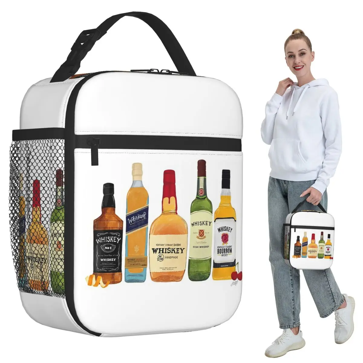 

Whiskey Bottles Illustration Insulated Lunch Bag for Women Office Cooler Thermal Food Box Tote Portable Lunch Boxes Container